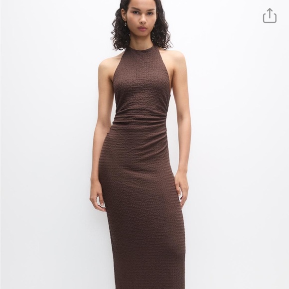 Pull & Bear Textured Halter Midi Dress Brown - Picture 5 of 7